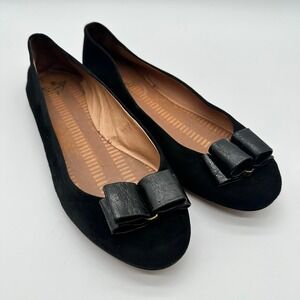 Anthropologie Miss Albright Black Suede Bow Ballet Flats Leather Sole Womens 10M